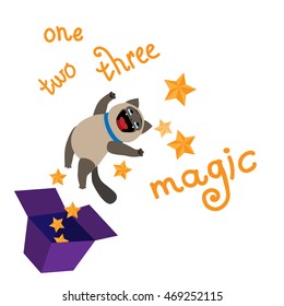 Funny siamese cat jumps out of the box with the magic. Cute cartoon character. Vector illustration isolated on white background.