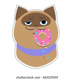 Funny siamese cat keeps mouth donut in a pink glaze. Cute cartoon character. Vector illustration Isolated on white background.

