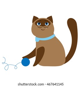 Funny Siamese cat playing with ball of yarn. Cute cartoon character. Vector illustration Isolated on white background.

