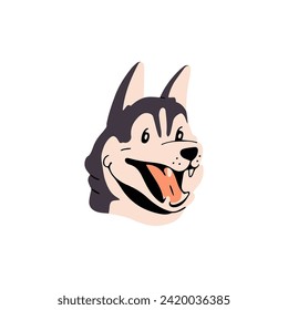 Der sonnige sibirische Husky-Avatar. Joyful Alaskan Malamute Welpe lächelt. Der süße Jungtier des Schlittenhundes zeigt Zunge. Happy fluffy Rasse Hundemuzzle. Furry Canine Haustier Gesicht. Flache einzelne Vektorgrafik auf Weiß