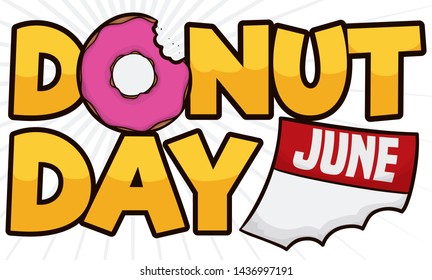 Funny sign with delicious half bitten doughnut with strawberry glaze and loose-calendar with a bite to celebrate Donut Day.