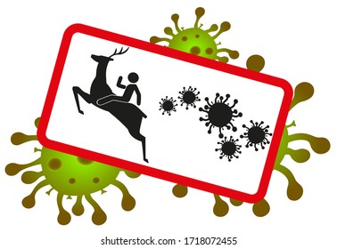 Funny sign on a background of coronavirus. A deer hunter is jumping from COVID-19. Escape from the global pandemic. EPS10 vector illustration