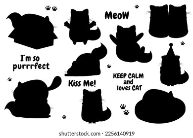 Funny silhouette cartoon cats doodle. Character cat. Lettering cat. 