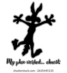 Funny silhouette of a cartoon coyote imprinted on a wall, illustration, vector