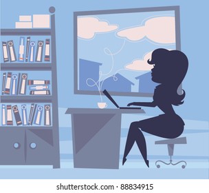 funny silhouette of very busy girl in her office