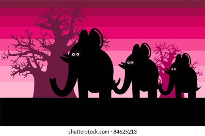 Funny silhouettes of african elephants over night sky