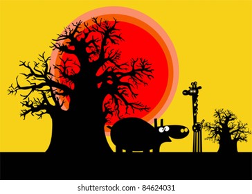 Funny silhouettes of african hippopotamus and giraffe over yellow sky