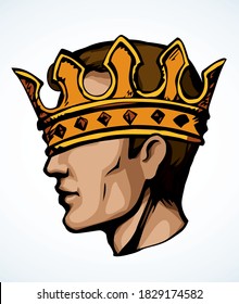 Funny silly boast adult guy boss win fun fool wear golden diadem ego luck smug hide self male prince too small can not see. Stupid royal egoist humor suit gold dressed vector art cartoon draw portrait