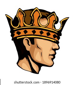 Funny silly boast adult guy boss win fun fool wear golden diadem ego luck smug hide self male prince too small can not see. Stupid royal egoist humor suit gold dressed vector art cartoon draw portrait