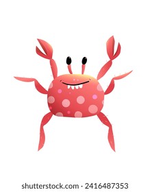 Funny silly crab character clipart cartoon for kids. Cheerful childish comic underwater shell animal drawing. Vector hand drawn illustration in watercolor style, character design for children.