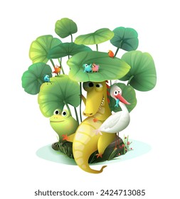 Funny silly friends crocodile bird with fish and frog, characters clipart cartoon for kids. Cute pond or lake animals drawing. Vector hand drawn illustration in 3d style, characters for children.