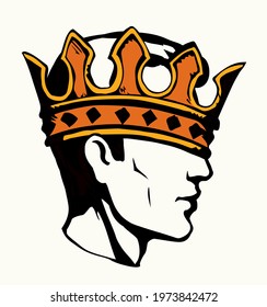 Funny silly glory boast adult guy win fun fool golden ego luck smug hide self blind male prince too small can not see. Stupid honor fame egoist humor suit gold dressed vector art cartoon draw portrait