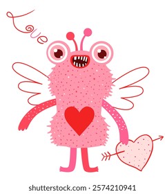 Funny silly pink vector Valentine's Day monster with wings, mouth, teeth for cute kids designs