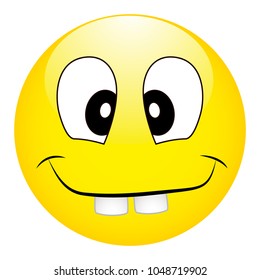 Funny silly yellow smiley with big teeth on a white background