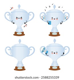 Funny Silver trophy cup characters bundle set. Vector hand drawn doodle style cartoon character illustration icon design. Cute Silver trophy cup mascot character collection