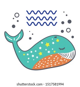 Funny simple cartoon style vector whale logo. Bright colored illustration. Icon for web and mobile app. Sticker or print. Poster for kids room decoration.