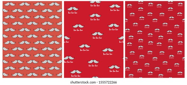 Funny Simple Christmas Vector Patterns. White Hand Drawn Santa Claus Moustache on a Red Background. White Ho Ho Ho Text. Lovely White with Black Sketch Santa Moustaches Print Ideal for Wrapping Paper.