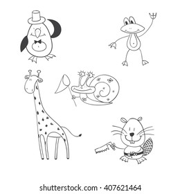 funny simple coloring page. Vector illustration coloring page of cartoon , penguin, giraffe, snail, beaver for children, coloring and scrap book