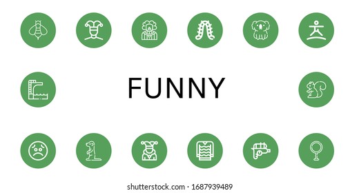 funny simple icons set. Contains such icons as Bee, Buffoon, Clown, Caterpillar, Koala, Trampoline, Sad, Meerkat, Joker, Sweater, Water gun, can be used for web, mobile and logo