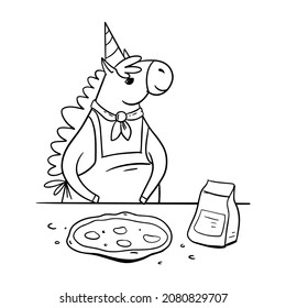 Funny simple illustration of pizza chef unicorn. Simple design for pizza box or for kids coloring book.