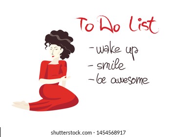 funny simple illustration of a young brunette dressed in red, sitting beside To Do List with positive and inspirational points.