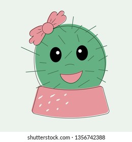Funny simple naive cute cactus girl with pink the bow flower on head in pot skirt.For decoration of children t-shirts,dresses,pajamas,bed linen,underwear,pillowcases and pillows.Vector illustration
