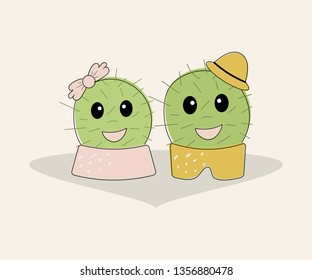 Funny simple naive cute cactus pair:girl with pink bow and boy with yellow hat.For decoration of children t-shirts,dresses, pajamas,bed linen,underwear,pillowcases and pillows.Vector illustration