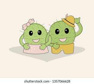 Funny simple naive cute cactus pair:girl with pink bow and boy with yellow hat.For decoration of children t-shirts,dresses, pajamas,bed linen,underwear,pillowcases and pillows.Vector illustration