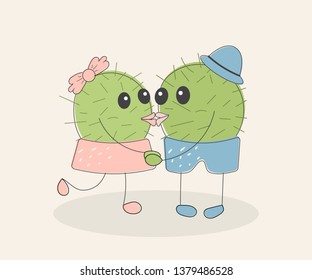Funny simple naive cute cactus kissing pair:girl with pink bow and boy with blue hat.For decoration of children t-shirts, dresses, pajamas, bed linen, underwear, pillowcases, pillows. Vector illustration