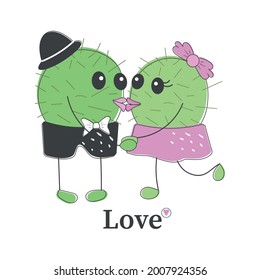 Funny simple naive cute cactus kissing pair:girl with pink bow and boy with navy hat.For decoration of children t-shirts,dresses, pajamas,underwear,pillowcases,pillows, mobile phone covers.Vector
