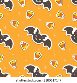 Funny simple seamless Halloween pattern with bats,  corn candies and orange background.