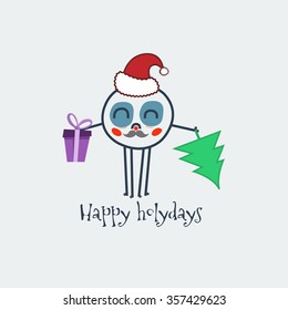 Funny simple spider with christmas tree and gift. Hand drawn vector Illustration.