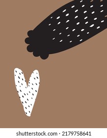 Graciosa e simple ilustración vectorial con la pata de gato negro llegando a un corazón blanco. Mano infantil con corazón trenzado y la pata de gatito aislada en un fondo marrón. Impresión de guardería para gatos ideal para los amantes del gato.