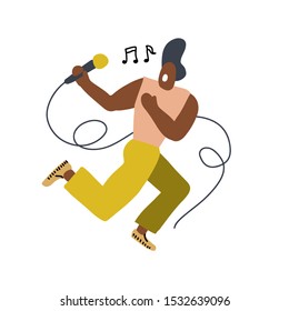 Funny singer with a microphone, made in doodle style. Single Man dancing and singing on stage. Vector flat illustration