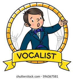 Funny singer or vocalist. Profession ABC series. Children vector illustration. Emblem