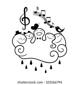 Funny singing cloud on white background.Black and white illustration.