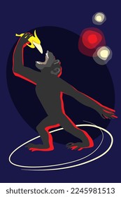 Funny singing monkey gorilla holds banana as microphone and stands on stage on dark background. Cartoon vector flat illustration.