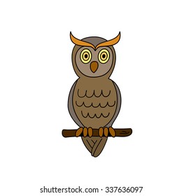 Funny sitting bird. Owl. Hand drawn animals for kids.