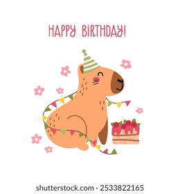 Funny sitting capybara in party hat with garland flags and cake isolated on white background and text - happy birthday.