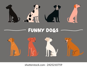 Funny sitting dogs flat illustrations set. Hand-drawn cartoon dogs of different breeds isolated on a transparent background