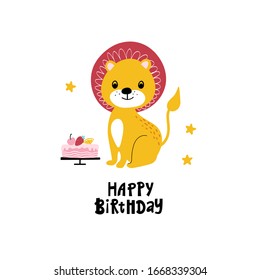 Funny sitting lion with cake hand drawn kids illustration. Cute clipart isolated on a white background.Vector Illustration for birthday children postcard or poster.