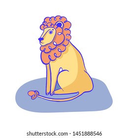 Funny sitting lion on white background. Animal illustration. Cute print design. Art for social media and apparel. Ready-to-print design template. Vector illustration.