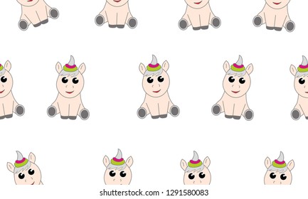 Funny sitting unicorn, children's drawing, fairy tale character, vector illustration.  Pattern for fabric, wallpaper.