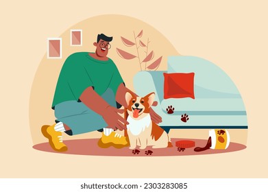 Funny situation in life pets yellow concept with people scene in the flat cartoon style. The puppy left its paw prints on the owner's sofa. Vector illustration.