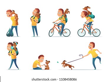 Funny situations of a boy and a dog. Kid and  puppy in different comical poses