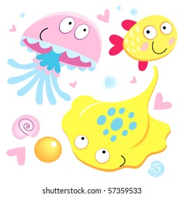 Funny skate fish and jellyfish