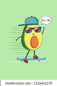 funny skater character avocado cute colorful vector illustration