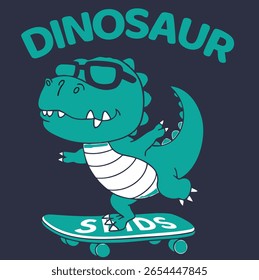 funny skater dinosaur drawing as vector for tee print background navy.