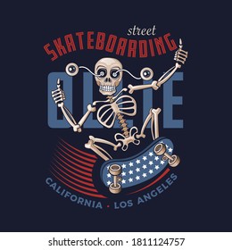 Funny skater skeleton character. Vector color illustration. Print graphic and web design. 