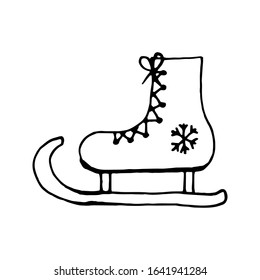 Funny skates with laces and snowflake. Сoncept New Year, Christmas, holidays, winter activities. Hand drawn vector illustration in doodle style outline drawing isolated on white background.